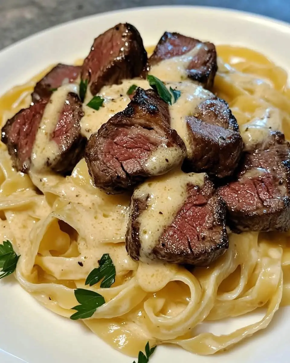 Steak Bites and Fettuccine in Garlic Butter Sauce