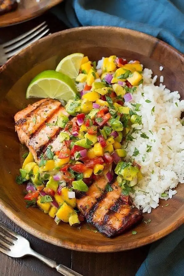 Grilled Salmon with Mango Salsa and Coconut Rice
