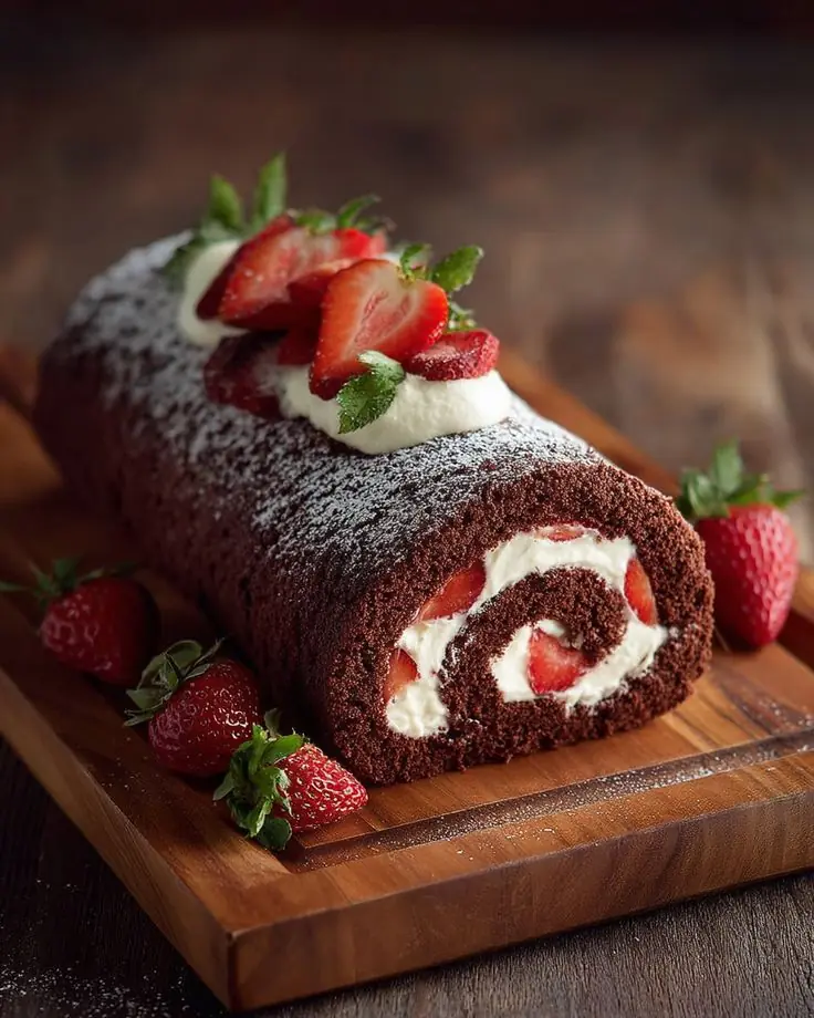 Chocolate Strawberry Swiss Roll (Chocolate Cake Roll)