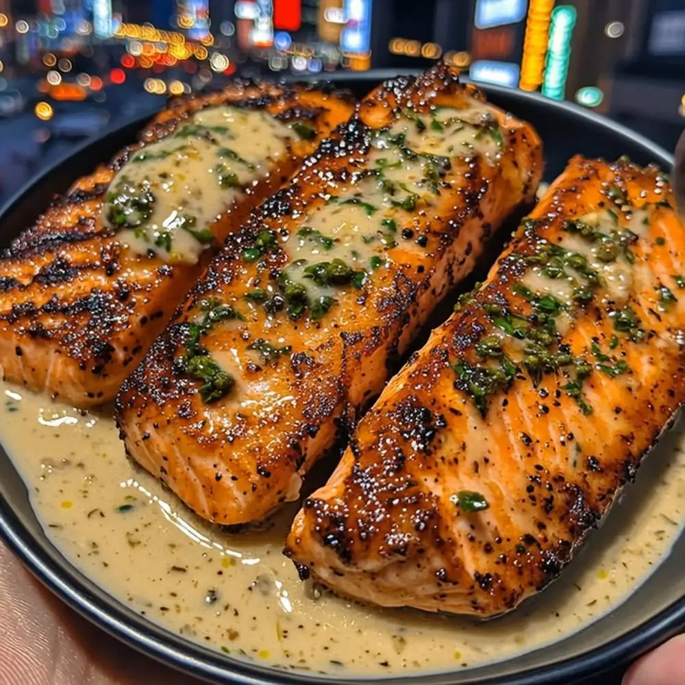 Garlic Butter Salmon Bites with Creamy Herb Sauce 🐟