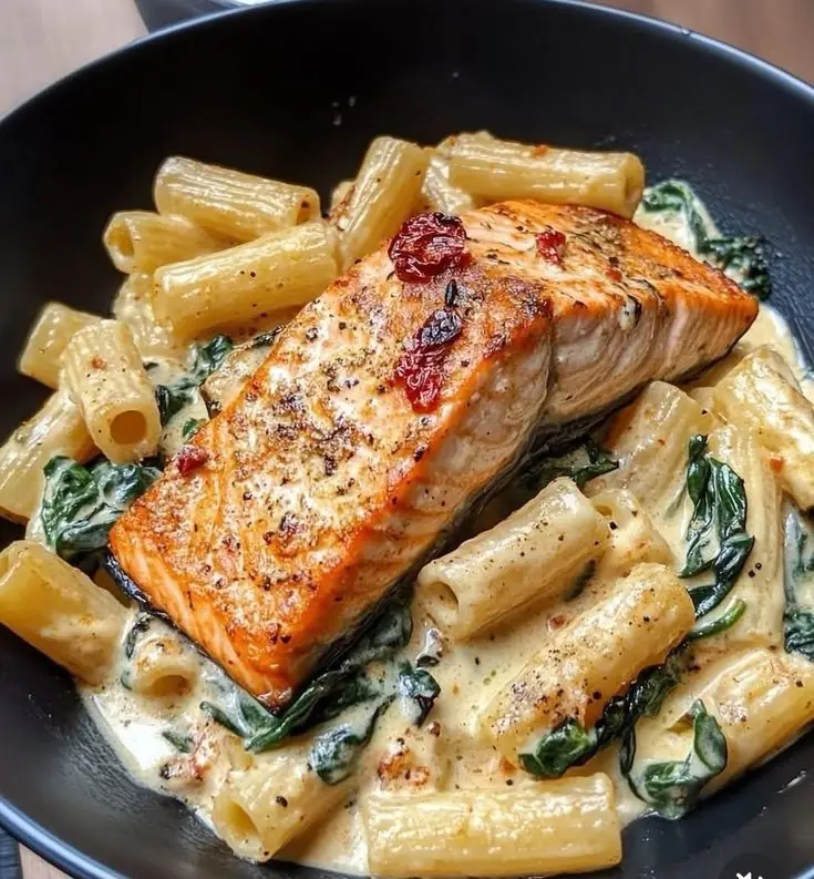 Creamy Spinach Pasta with Pan-Seared Salmon 🍝🐟