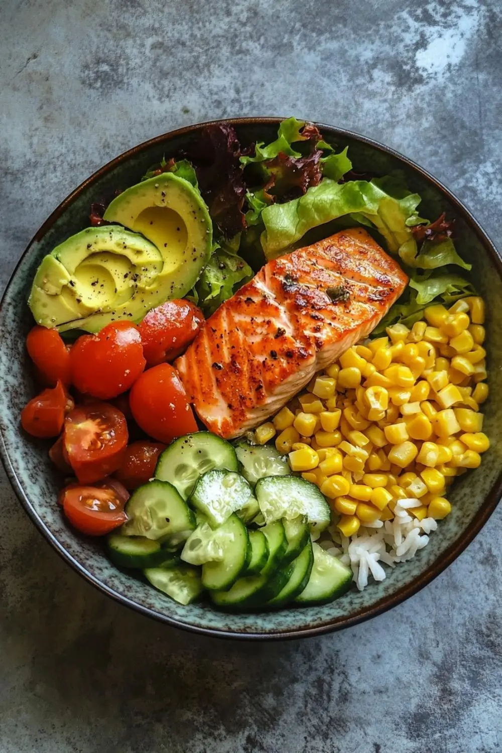 Grilled Salmon Rice Bowl with Avocado & Fresh Veggies
