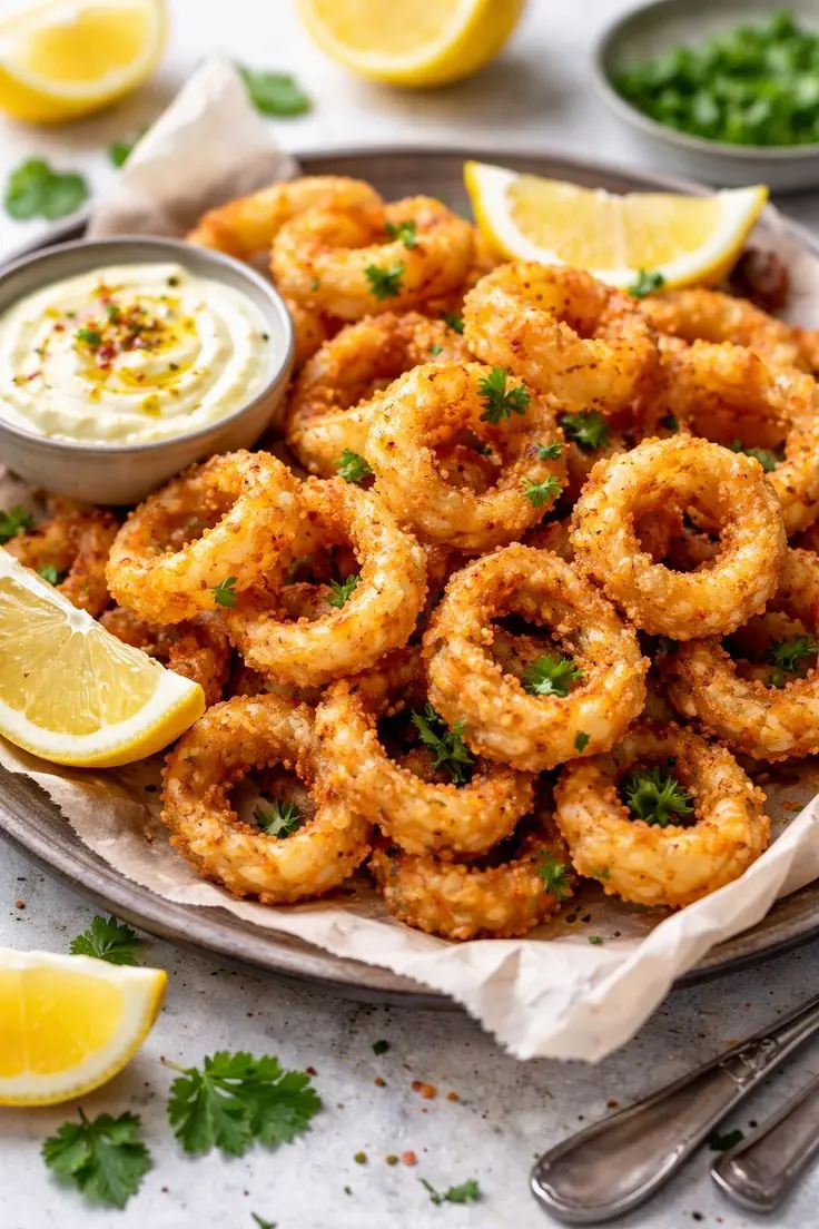 Crispy Fried Calamari with Garlic Lemon Dip