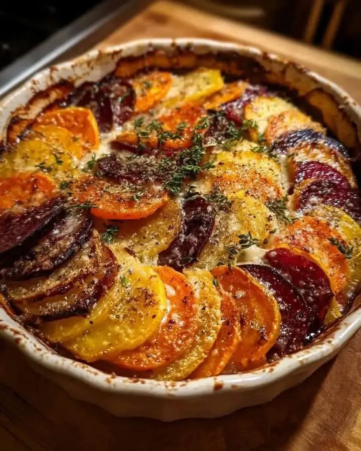 Root Vegetable Gratin with Sweet Potatoes, Parsnips, and Beets
