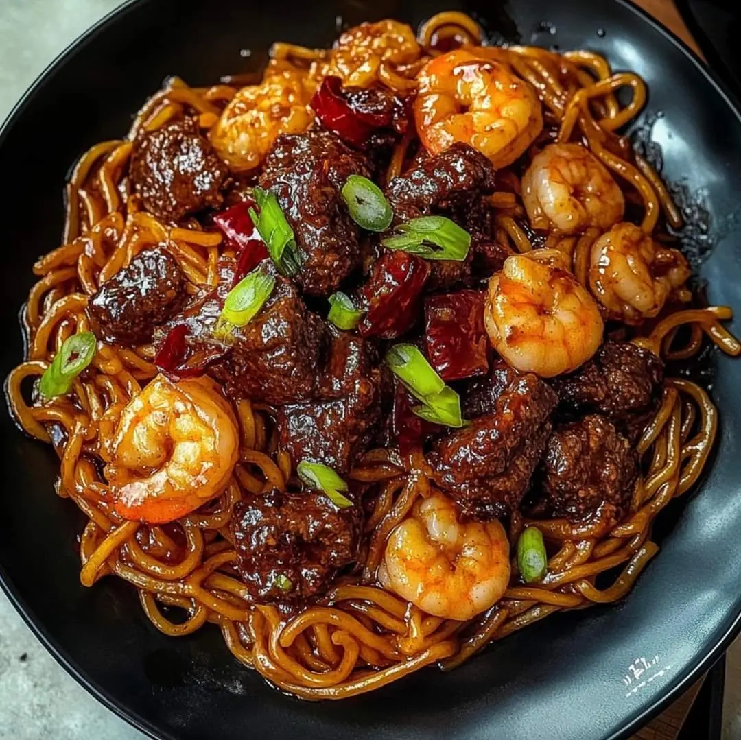 Crispy Chili Beef & Shrimp Stir-Fry Noodles