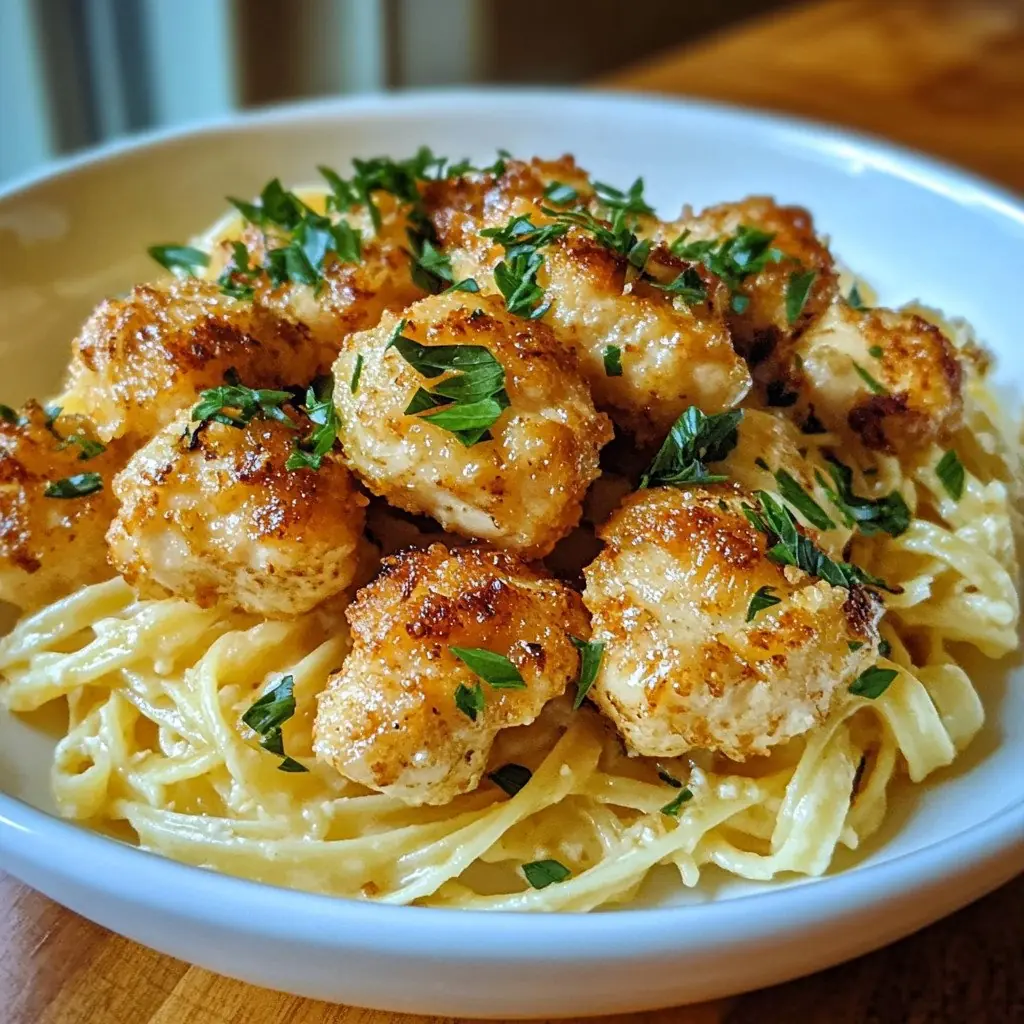 Golden Garlic Chicken Bites over Creamy Parmesan Pasta