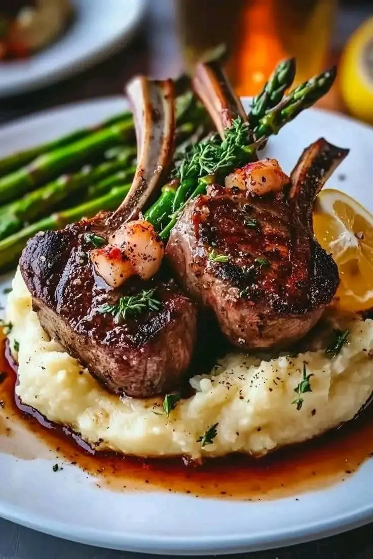 Succulent Lamb Chops Over Lobster Mashed Potatoes with Asparagus