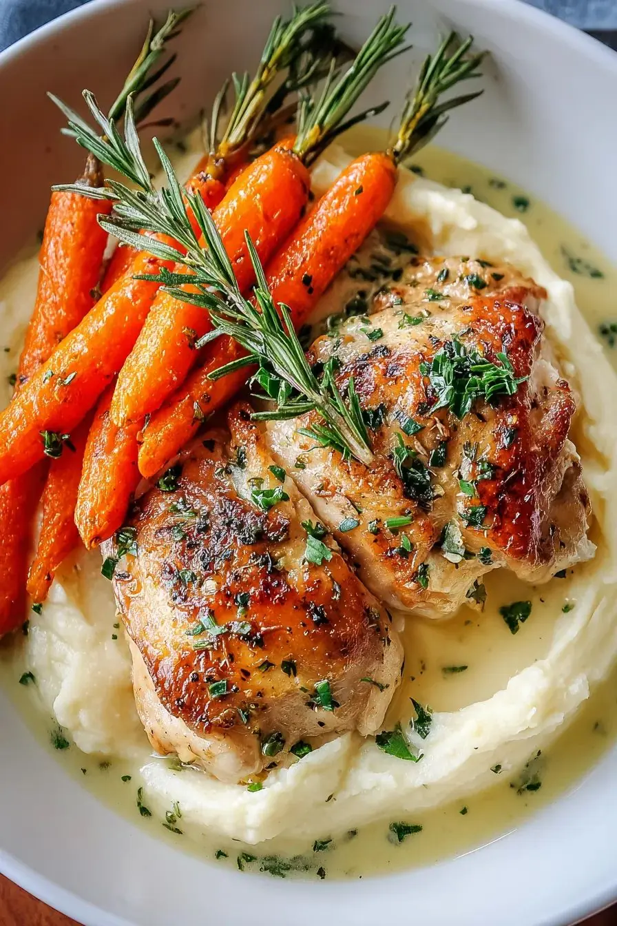 This dish features a juicy roasted chicken leg glazed with a light citrus sauce,