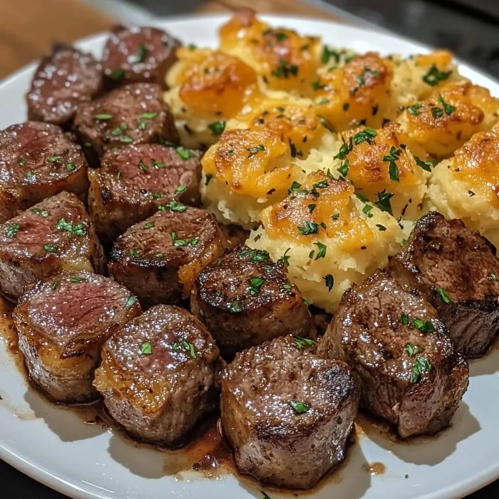 Garlic Butter Steak Bites with Cheesy Smashed Potatoes