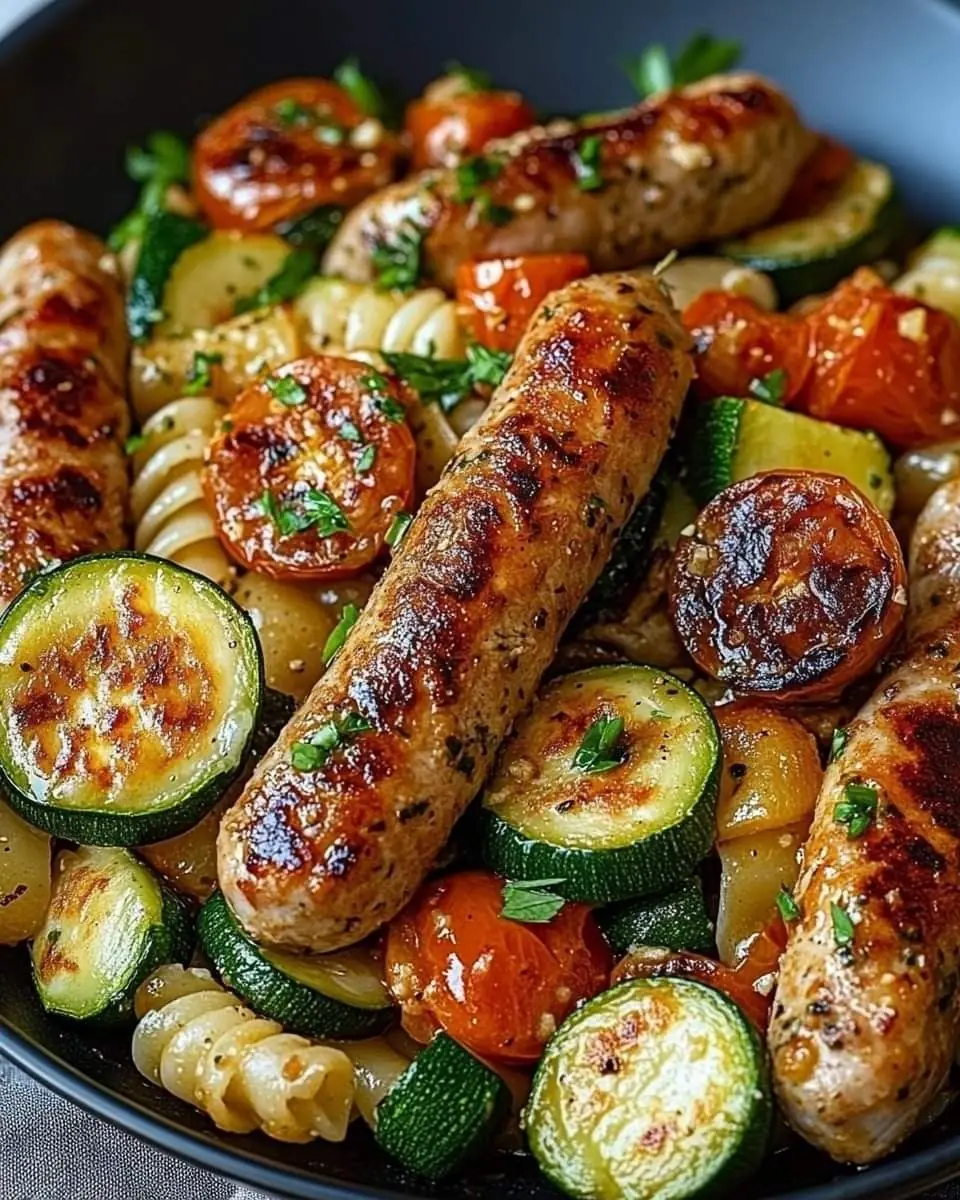 Grilled Sausage with Roasted Vegetables & Pasta