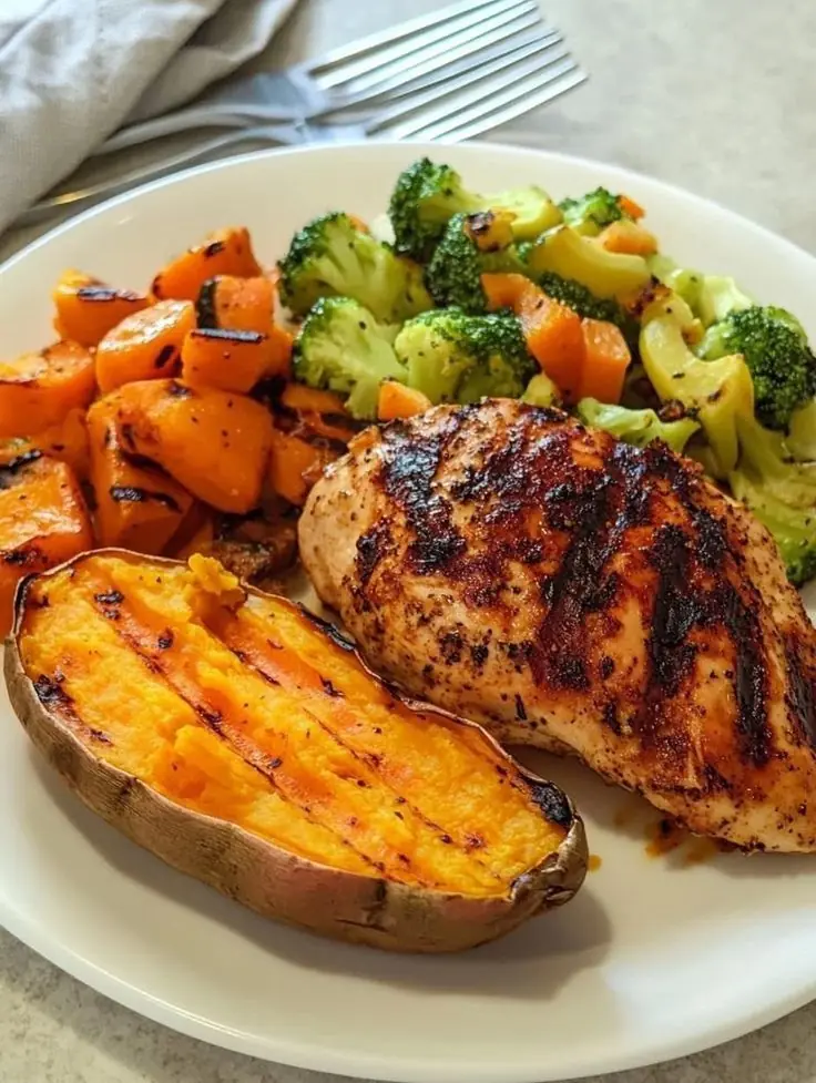 Grilled Chicken with Roasted Sweet Potato & Veggies