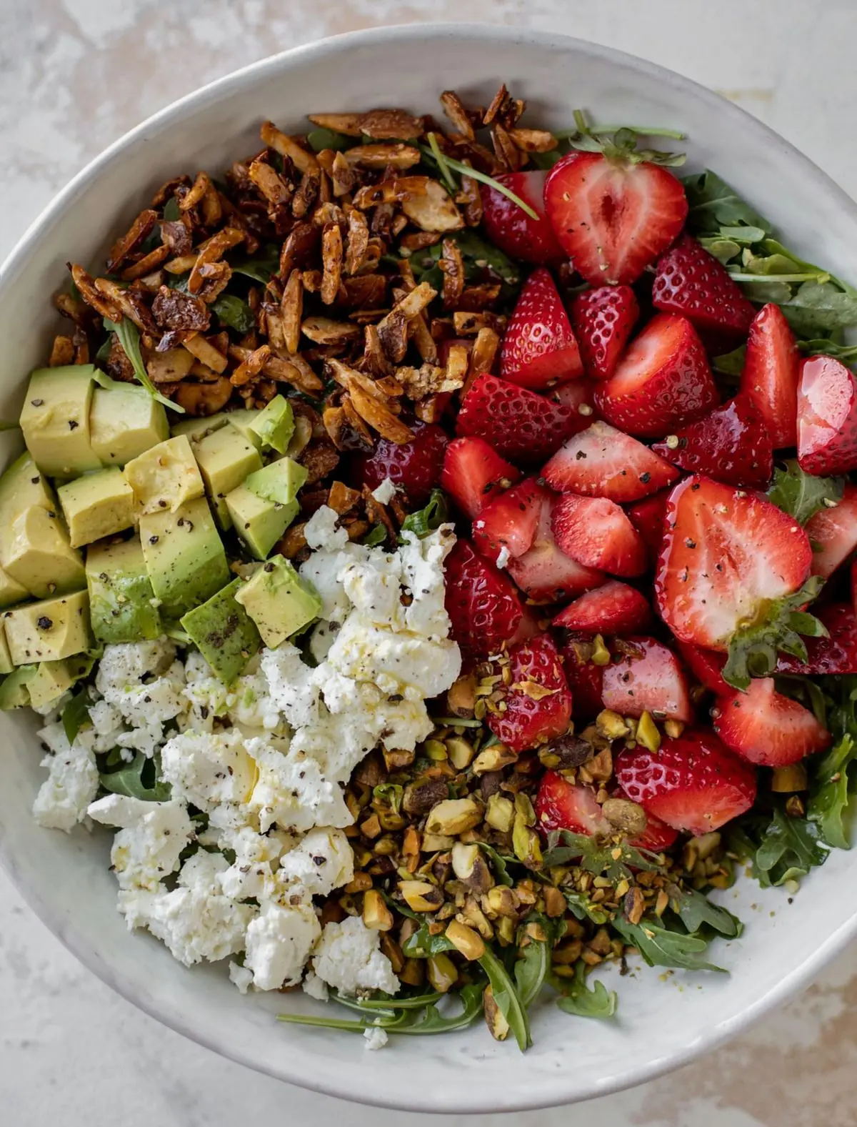Strawberry Avocado Feta Salad with Pistachios & Crispy Onions