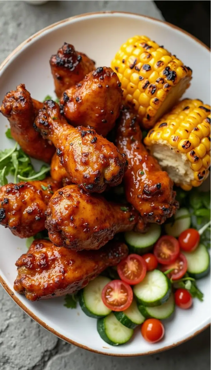 Sticky Honey Garlic Chicken Drumsticks with Grilled Corn