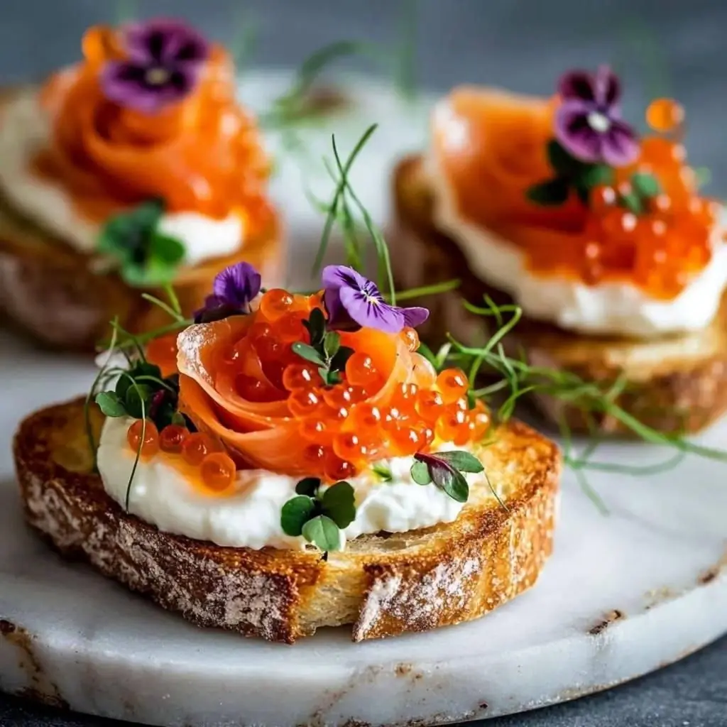 Smoked Salmon Crostini with Cream Cheese & Salmon Roe