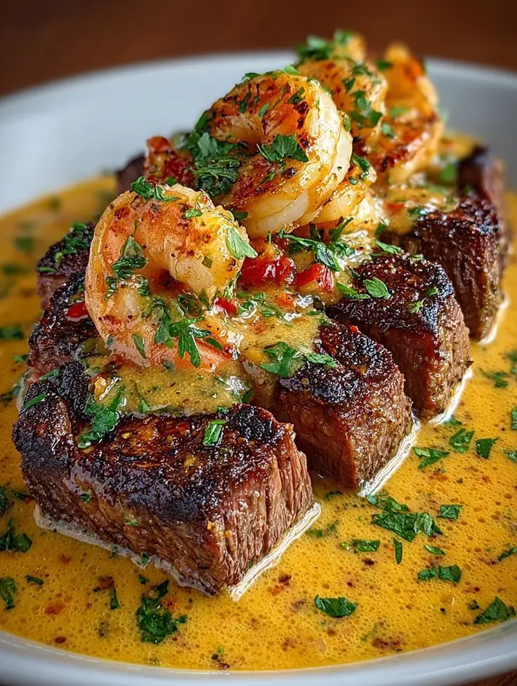 Steak with Creamy Cajun Garlic Shrimp