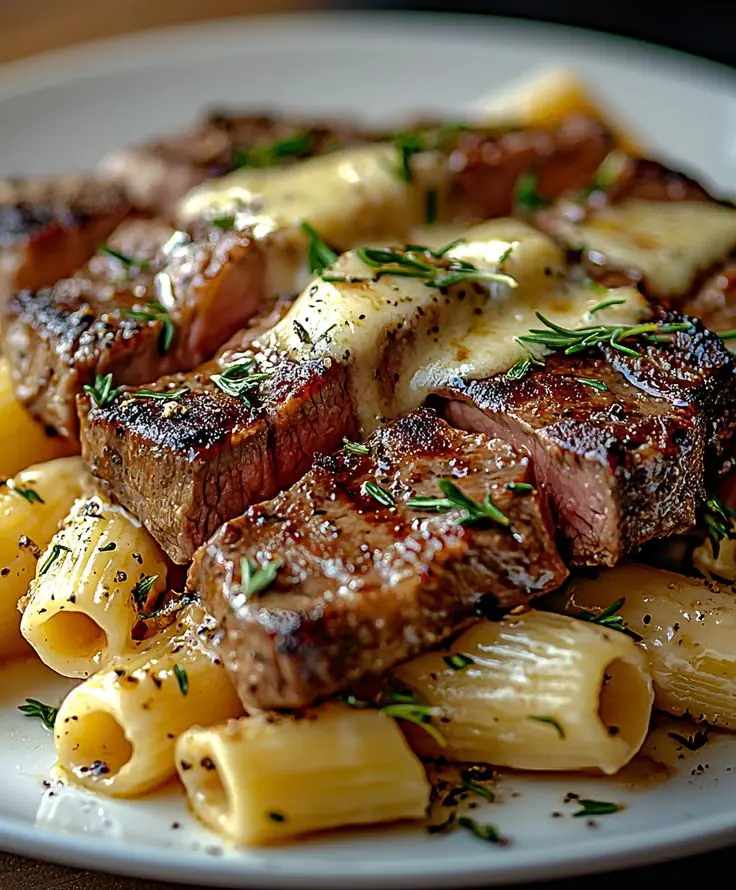 Creamy Steak & Rigatoni with Melted Cheese and Fresh Herbs