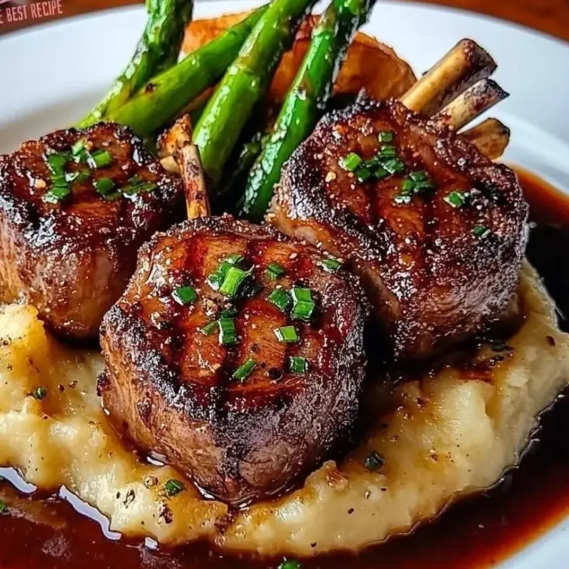 Succulent Lamb Chops Over Lobster Mashed Potatoes with Asparagus
