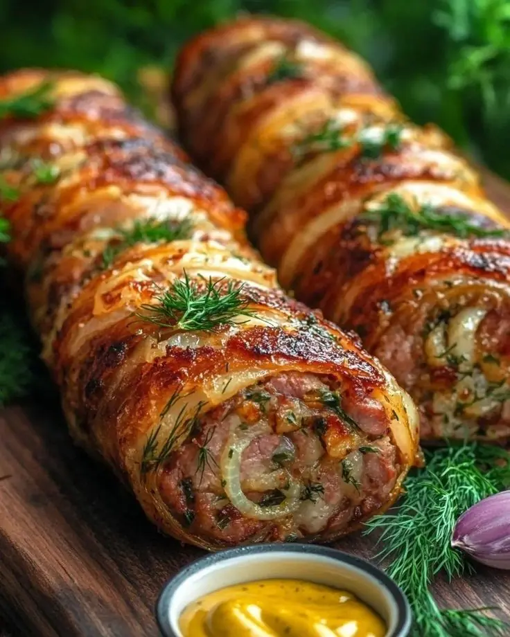 Crispy Bacon-Wrapped Pork Roll with Caramelized Onions and Herbs