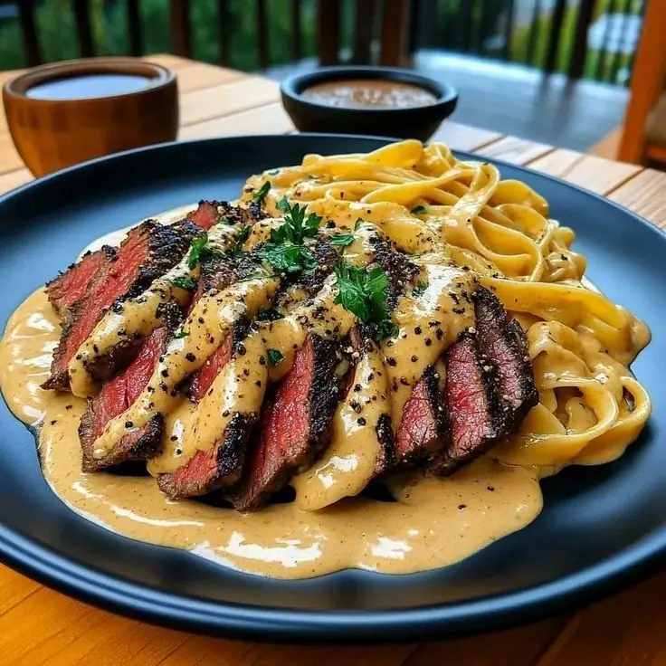 🥩 Grilled Steak with Creamy Garlic Parmesan Fettuccine