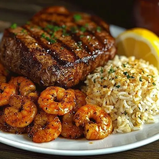 🥩🍤 Steak & Garlic Butter Shrimp with Rice