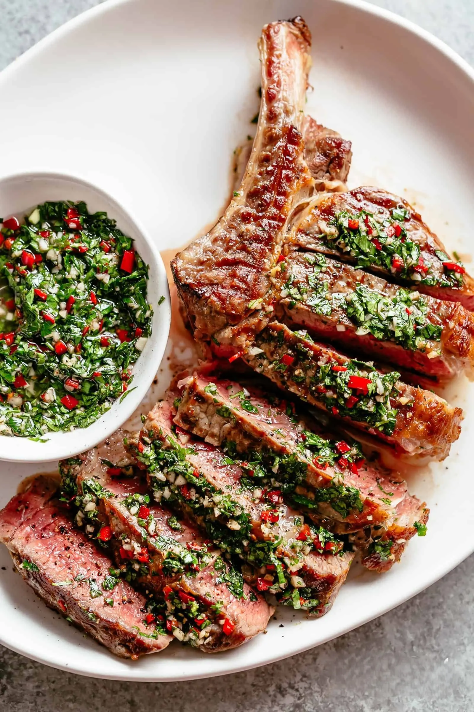 Steak with Chimichurri Sauce – A Juicy Medium-Rare Steak Finished with Bright, Herbaceous Sauce