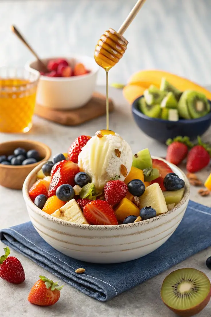 🍓🍌 Fresh Fruit Bowl with Vanilla Ice Cream & Honey Drizzle
