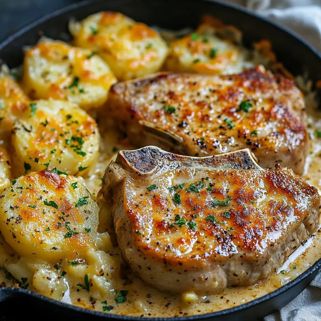 Creamy Garlic Butter Pork Chops with Cheesy Potatoes