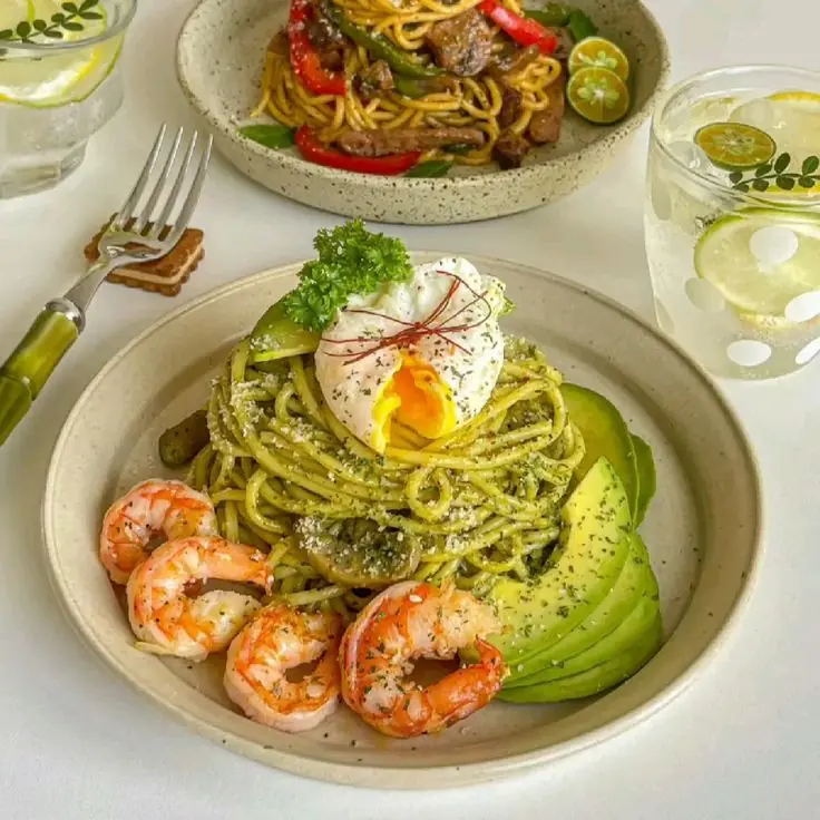 Avocado Pesto Pasta with Shrimp and Poached Egg