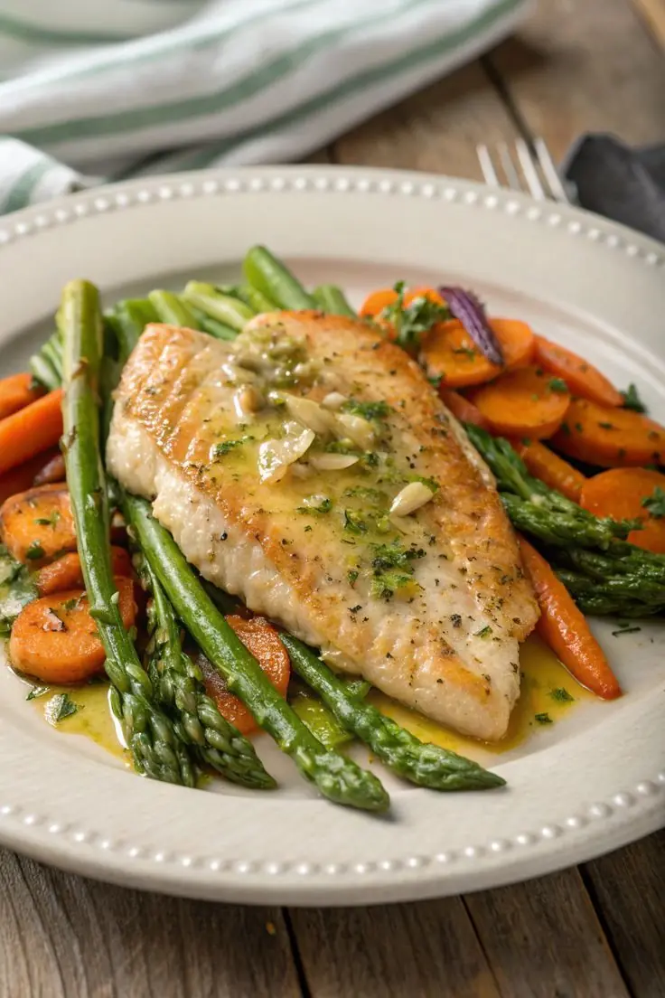 🐟 Pan-Seared Fish with Garlic Butter, Asparagus & Carrots