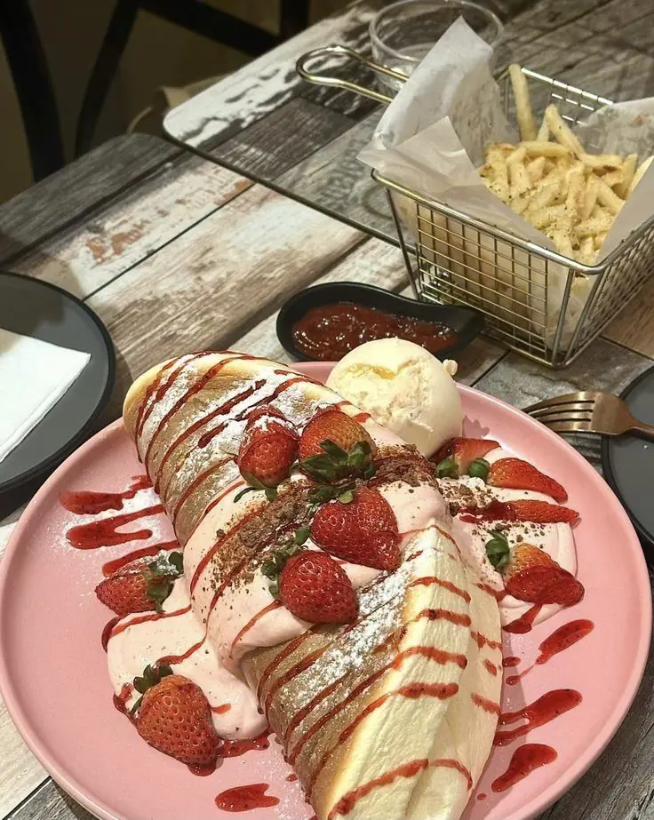 Strawberry Cream Crepes with Vanilla Ice Cream