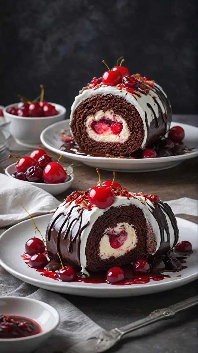 Chocolate Cherry Swiss Roll Cake