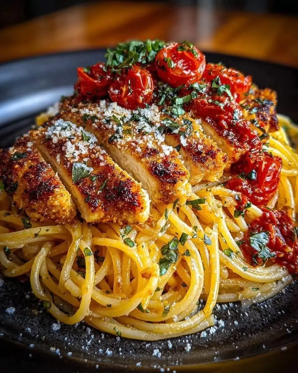 Crispy Parmesan Chicken with Garlic Butter Spaghetti