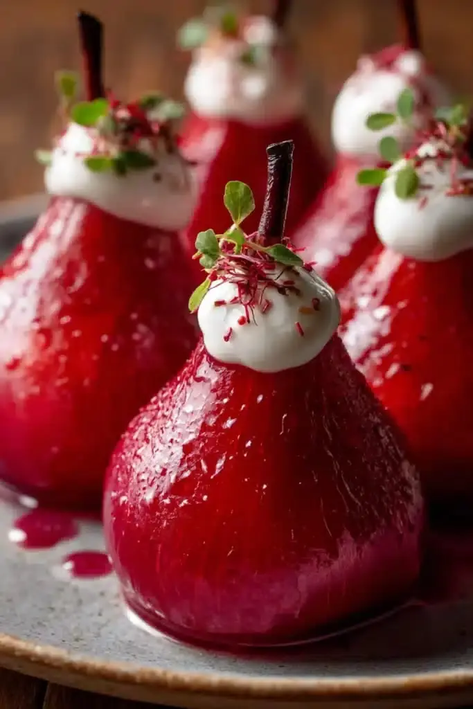 Red Wine Poached Pears with Mascarpone Cream