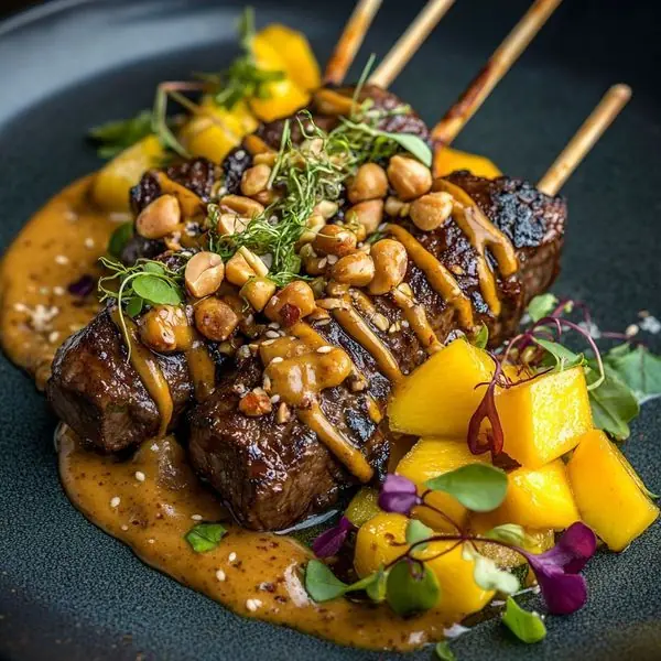 🥩 Grilled Beef Skewers with Peanut Sauce & Mango Salsa
