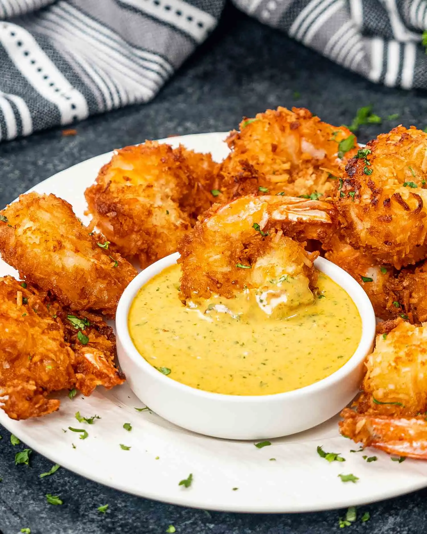 Coconut Prawns with Mango Lava – Crispy Shredded Prawns with a Thick Neon Orange Drip