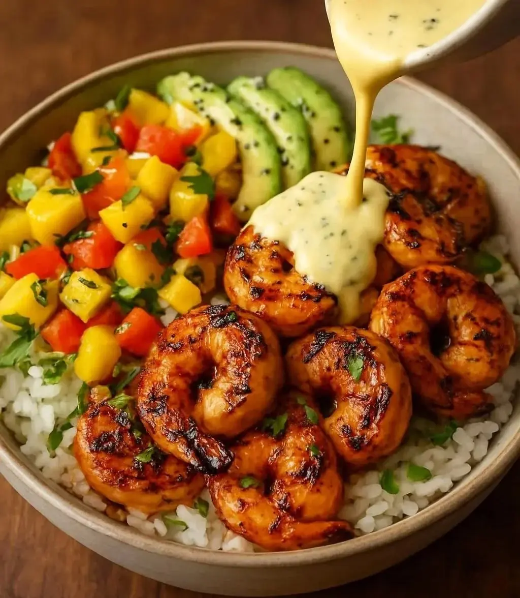 🍤🥭 Grilled Shrimp Bowl with Mango Salsa & Creamy Sauce