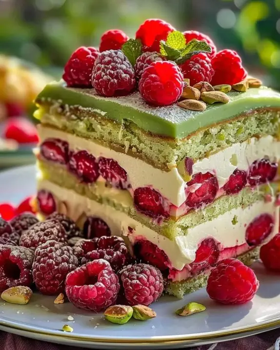 💚🍓 Pistachio Raspberry Cream Layer Cake (No-Bake Style)