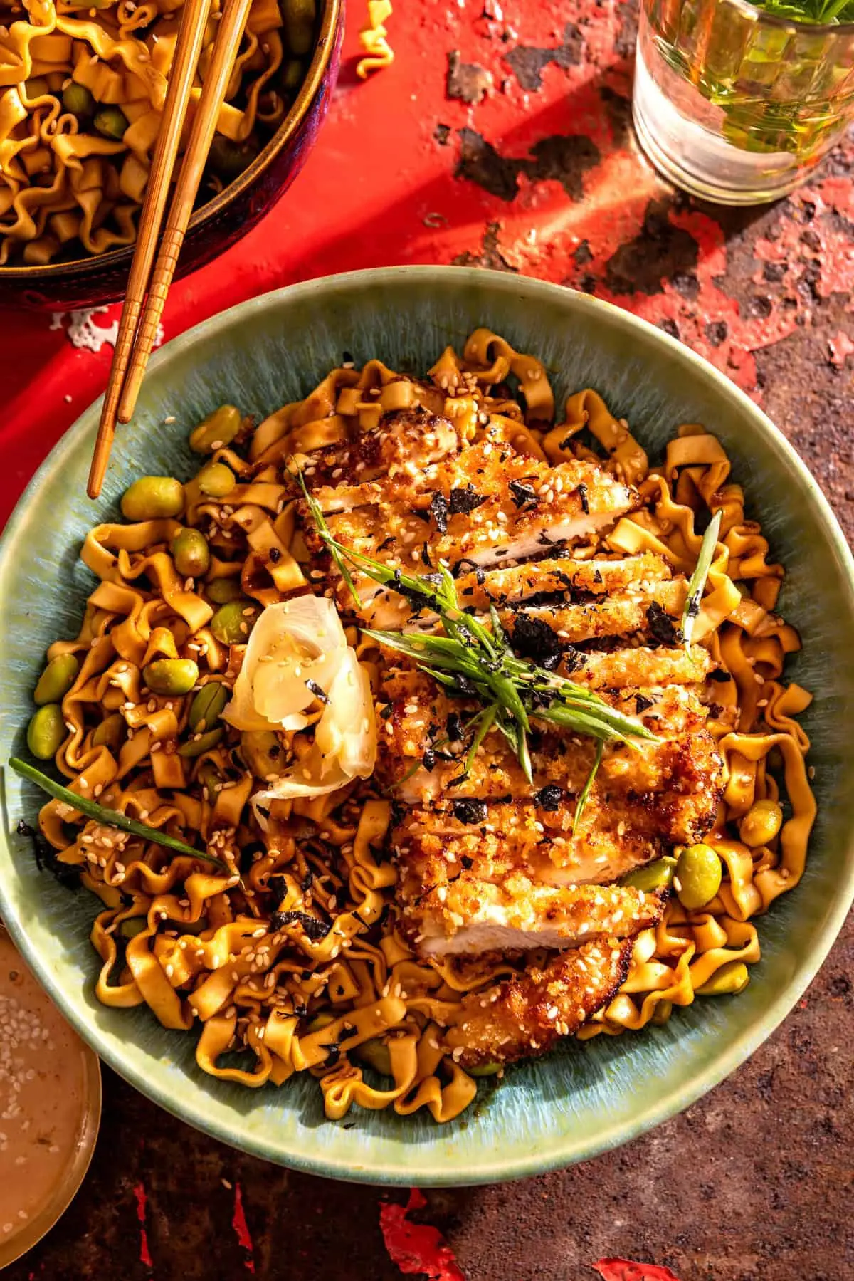 Crispy Chicken Katsu Noodle Bowls – Shattered-Gold Panko with a High-Gloss Ink-Dark Mirror