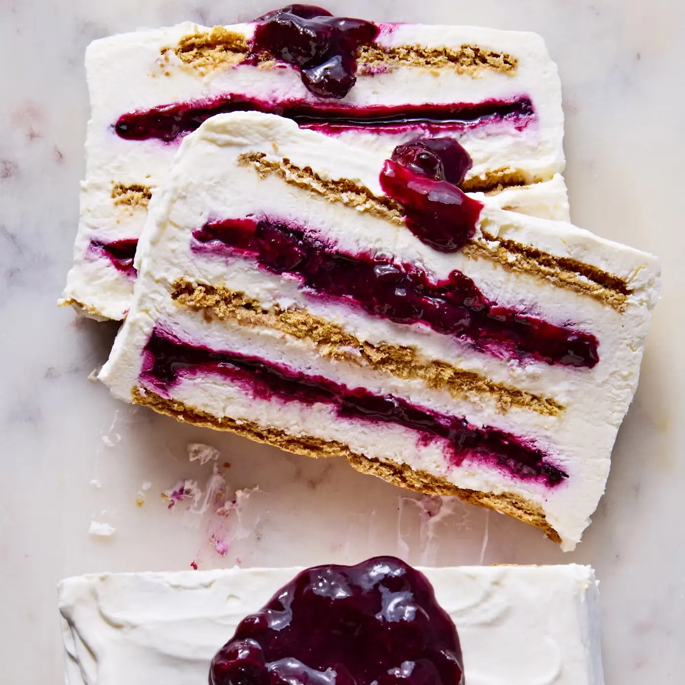 Blueberry Cheesecake Icebox Cake – Shattered-Gold Graham with a High-Gloss Ink-Dark Mirror