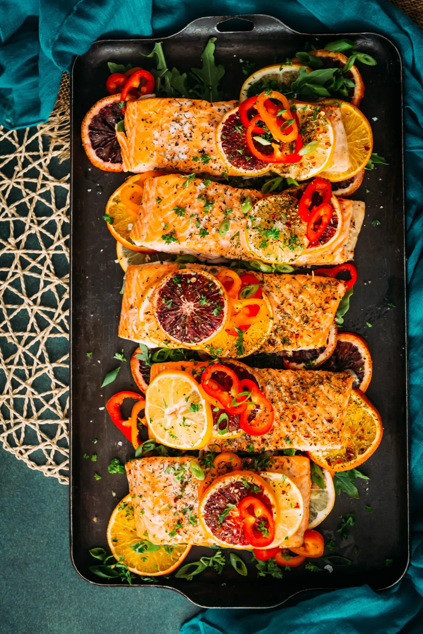 Baked Citrus Salmon – Shattered-Char Crust with a High-Gloss Amber Mirror