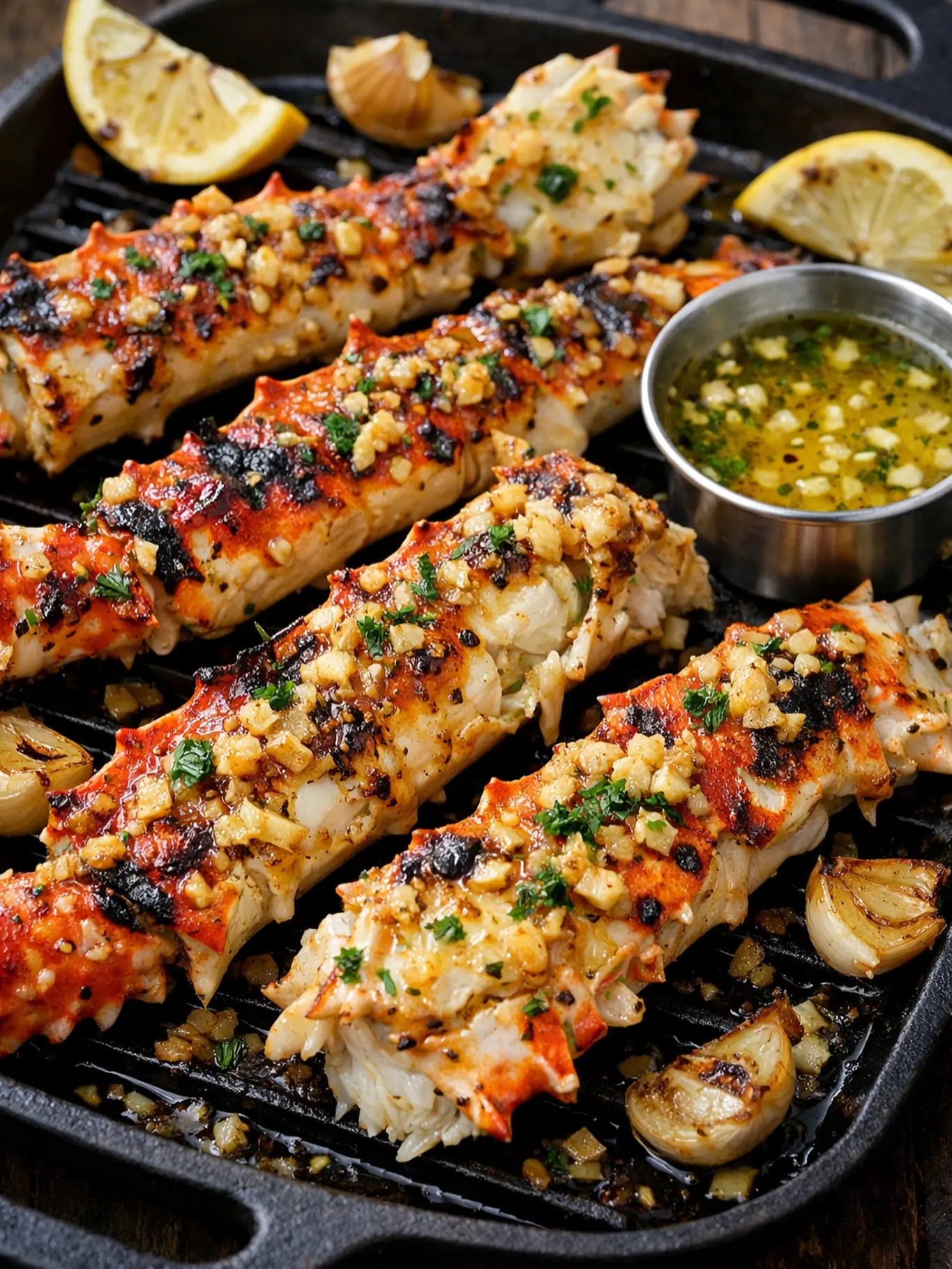 Grilled King Crab Legs – Shattered-Char Shell with a High-Gloss Amber Mirror