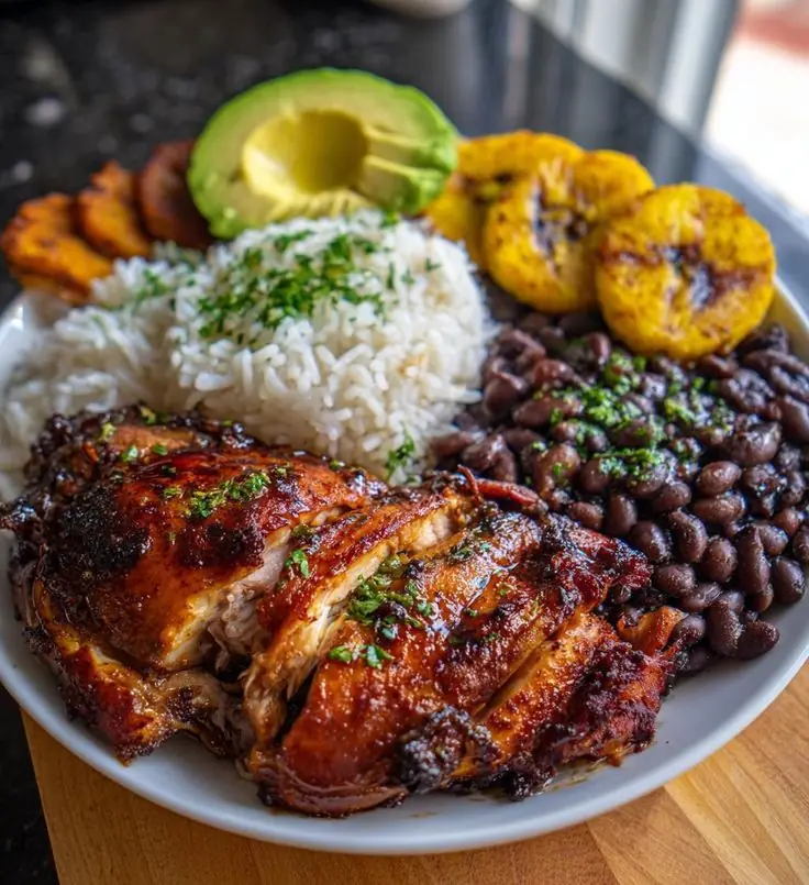 🍗 Caribbean-Style Grilled Chicken Plate (Rice, Beans & Plantains)