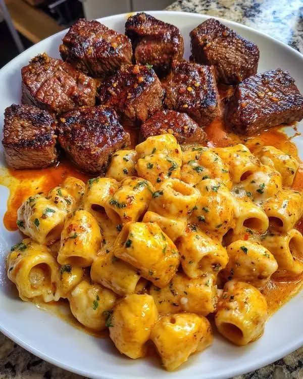 🥩🧀 Garlic Butter Steak Bites with Cajun Mac & Cheese