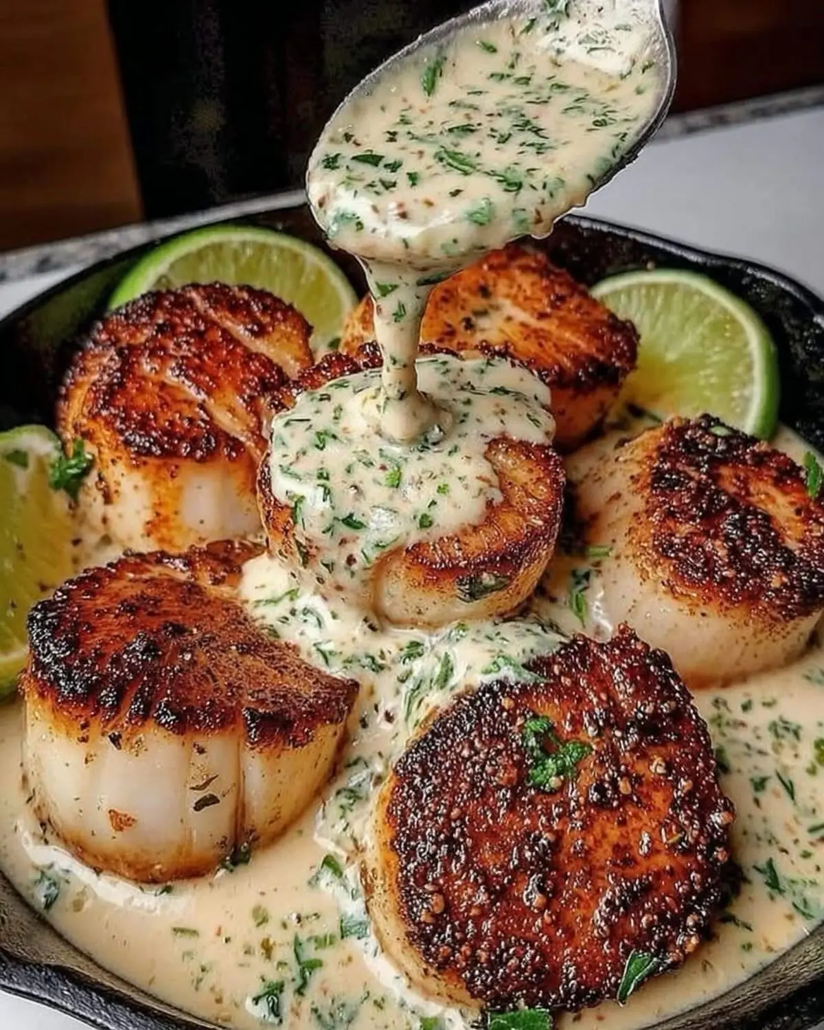 Sizzling Scallops with Lime Cilantro – Shattered-Char Crust with a High-Gloss Amber Mirror