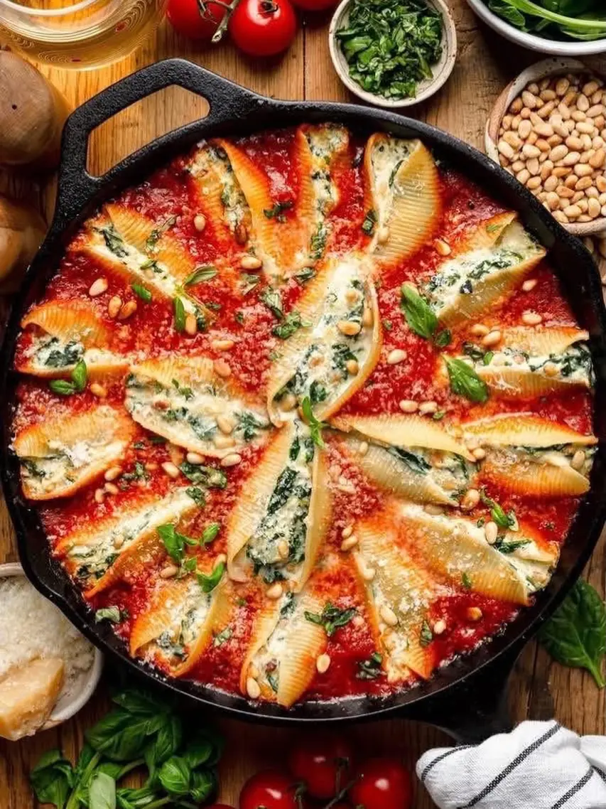 Stuffed Pasta Shells – Shattered-Char Parmesan with a High-Gloss Crimson Mirror