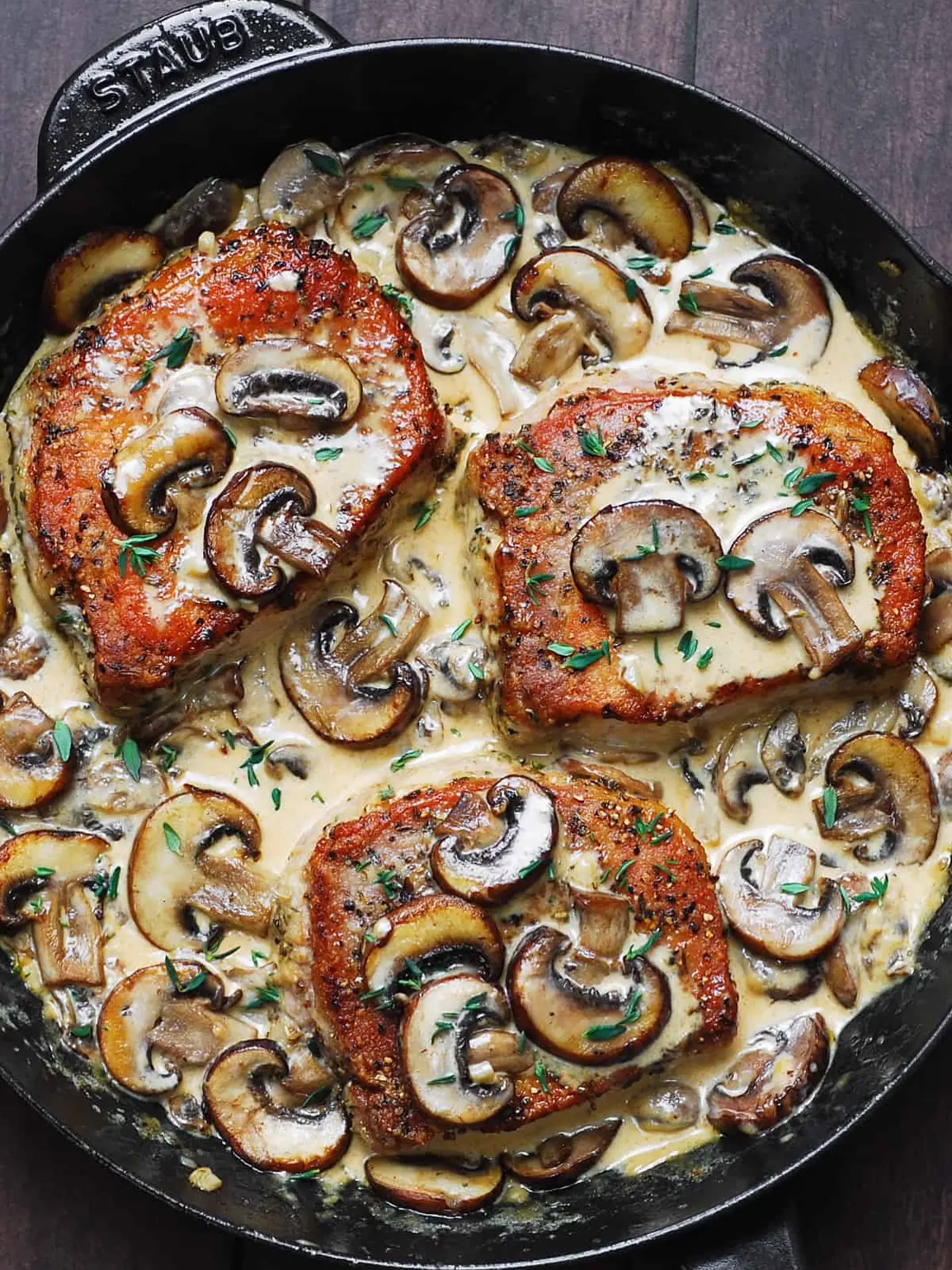 Creamy Mushroom Pork Chops – Shattered-Char Crust with a High-Gloss Amber Mirror