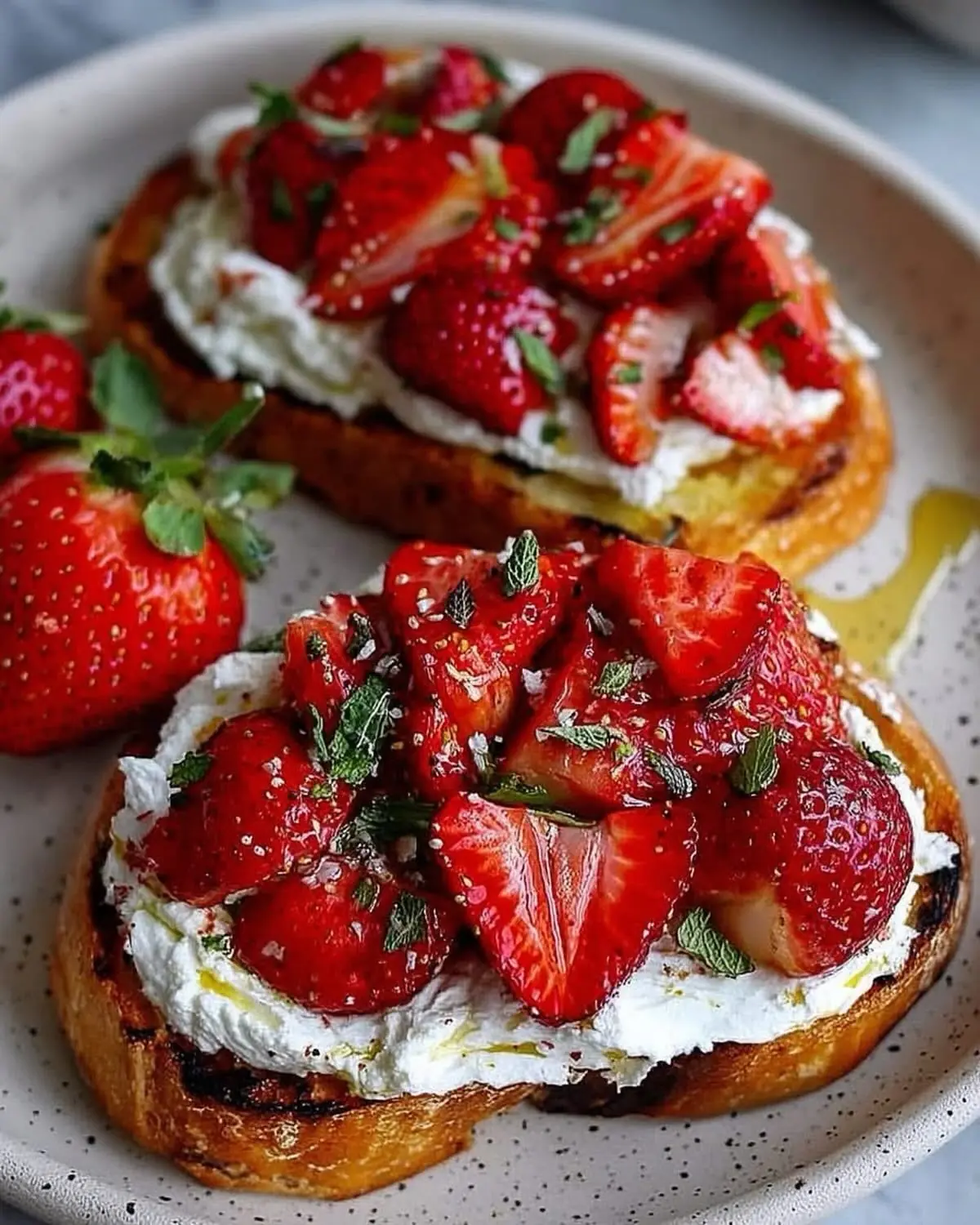 Roasted Strawberry Ricotta Toast – Shattered-Gold Crust with a High-Gloss Ruby Mirror