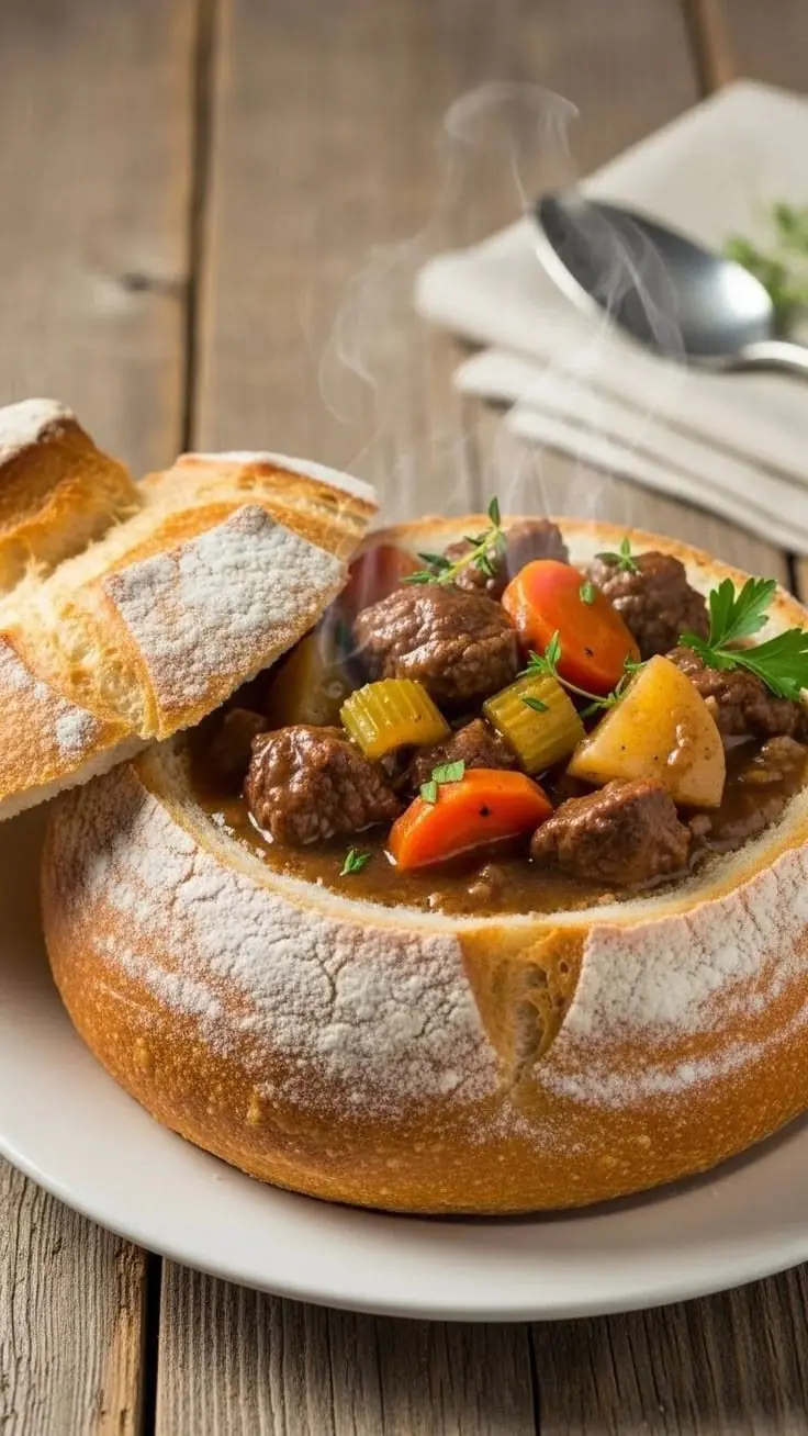 Hearty Beef Stew in a Bread Bowl (Restaurant-Style Comfort Food)
