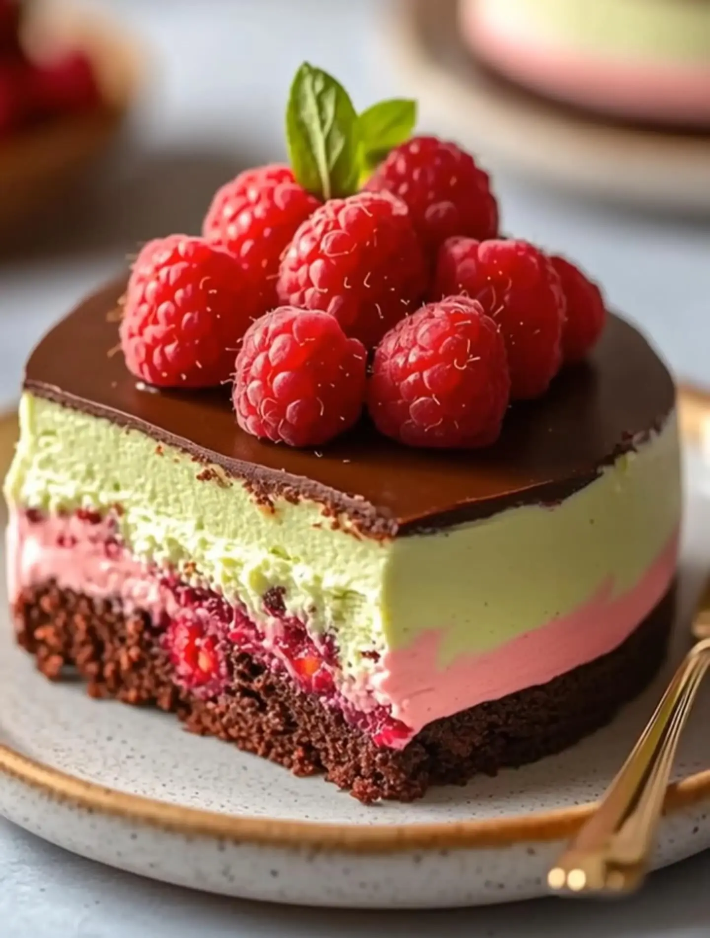 Pistachio Raspberry Mousse β Shattered-Emerald Sponge with a High-Gloss Ruby Mirror