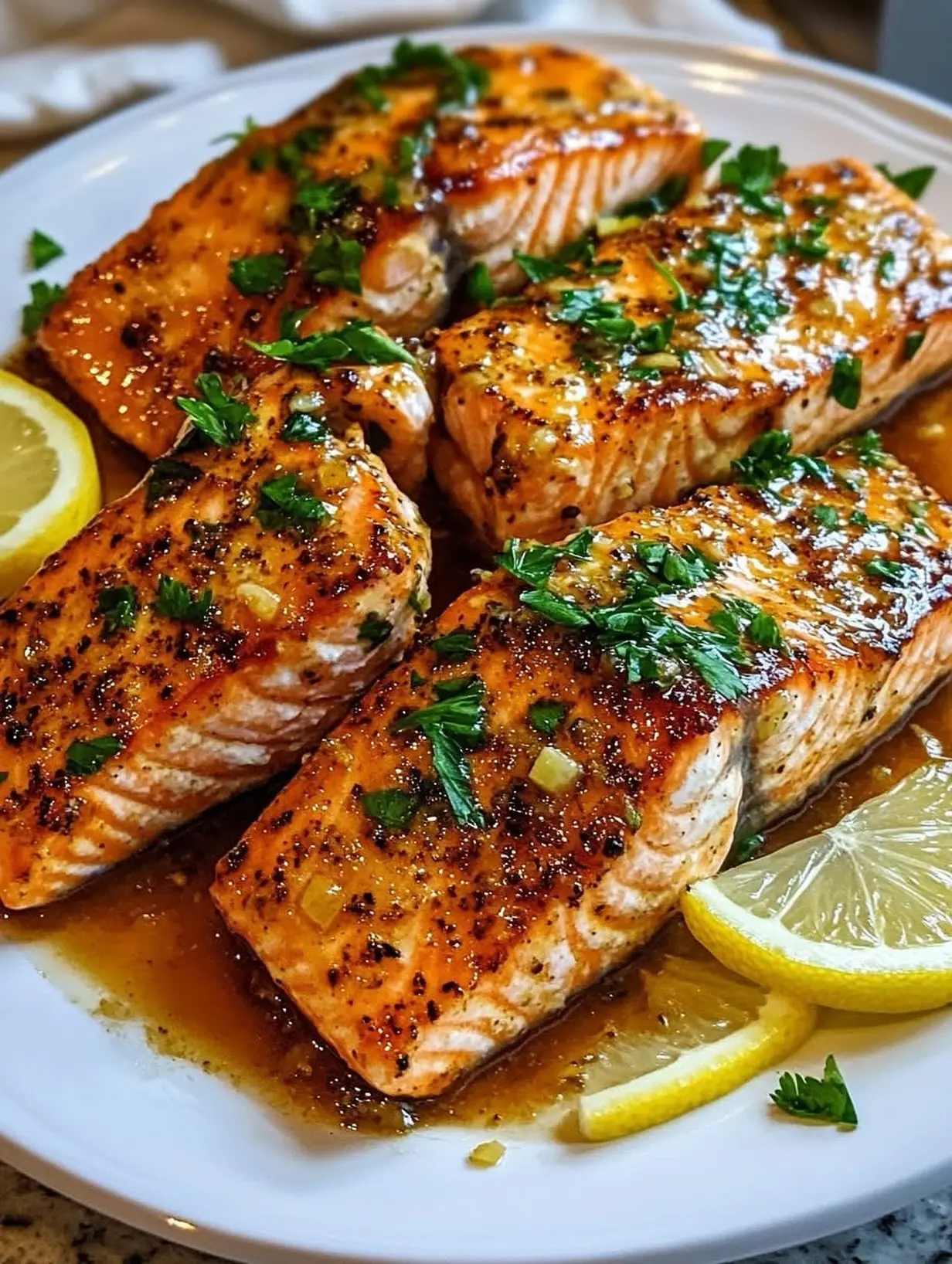 Lemon Garlic Salmon β Shattered-Char Cubes with a High-Gloss Amber Mirror